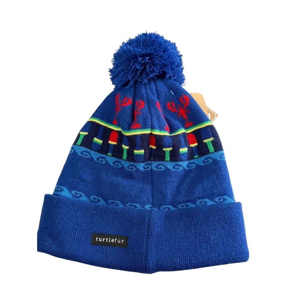 Turtle Fur Maine Lighthouse Lobster Blue Knit Pom Beanie Hat Kids NWT